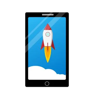 Rocket launch in mobile phone, vector Stock Illustration