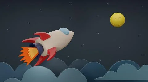 Rocket launch to the moon 3D render illustration Stock Illustration