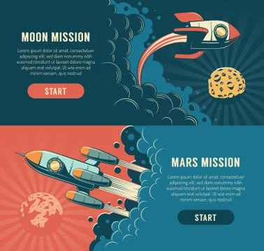 Rocket launch to the moon - space flyer in retro style Stock Illustration