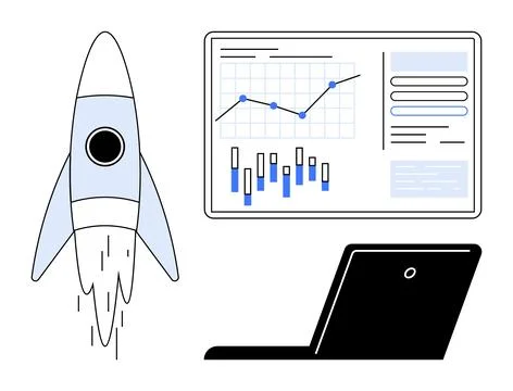 Rocket Launch Next to Data and Analytics Screen with Laptop, Symbolizing In.. Illustrazione stock