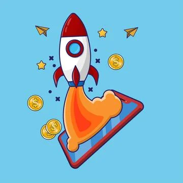 Rocket Launch Out From Smartphone. Start Up Business Concept Vector Illustrazione stock