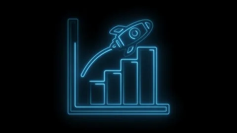 Rocket launch over rising bar graph in blue neon outline on black background Stock Footage 309912186