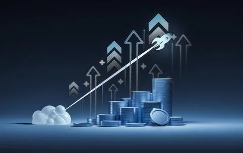 Rocket launch over stack of coins, web banner on blue background. reactive ra Stock Photos