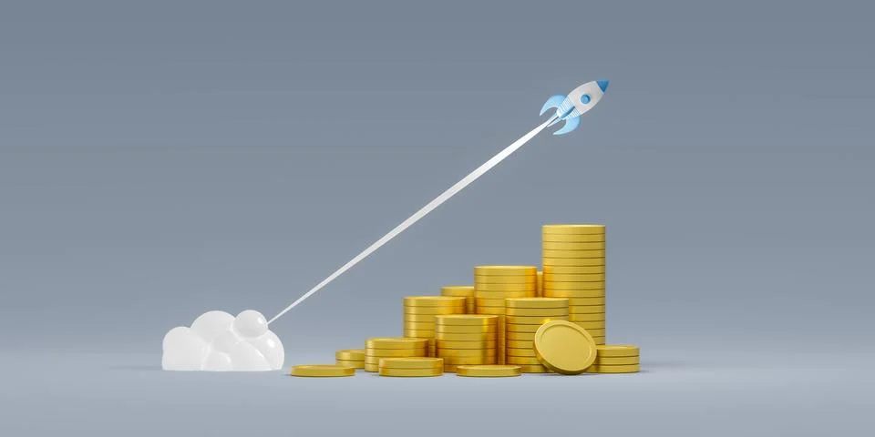Rocket launch over stack of golden coins, reactive rapid growth of economic i Stock Photos