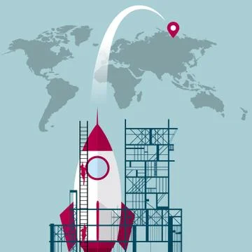 Rocket launch pad. The background is blue. Stock Illustration