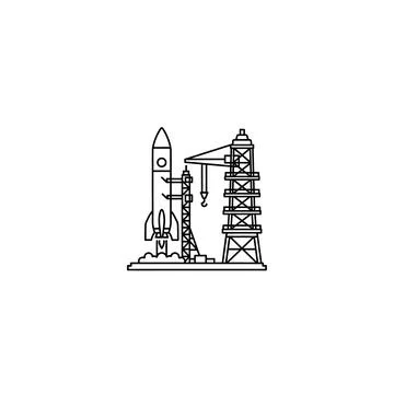Rocket on launch pad outline graphic with represents space exploration and Stock Illustration