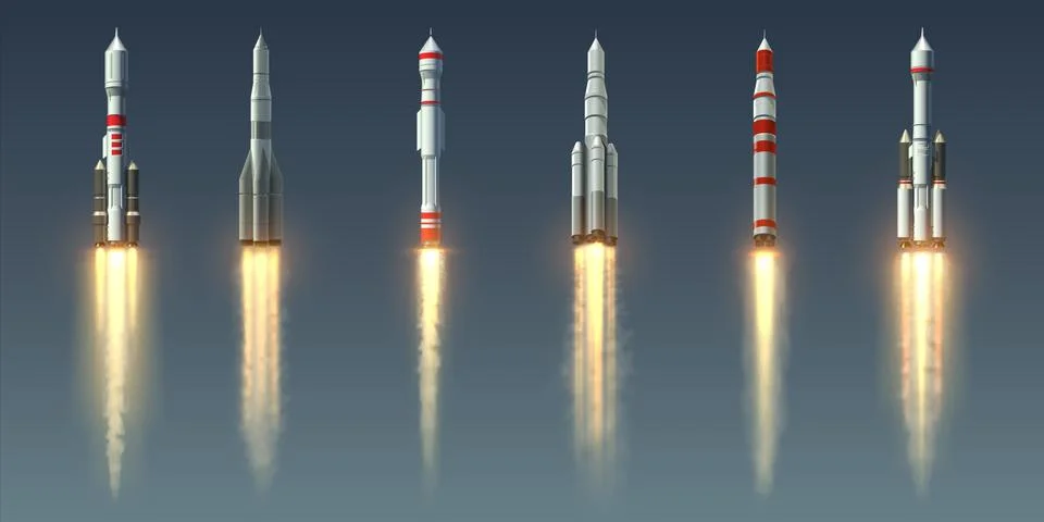 Rocket launch. Realistic spacecraft with steam jet trace. Going up space Stock Illustration