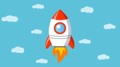 Rocket launch. Rocket flying in blue sky with clouds Stock Illustration