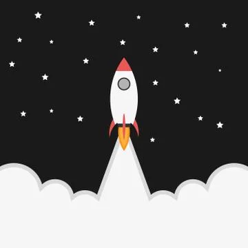 Rocket launch, rocket ship soar up into the sky through the clouds and go hea Stock Illustration