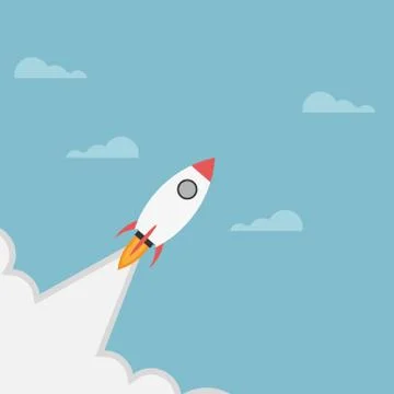 Rocket launch, rocket ship soar up into the sky through the clouds and go hea Stock Illustration