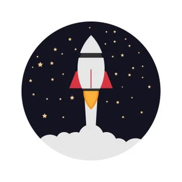 Rocket launch, rocket ship soar up into the sky through the clouds and go hea Stock Illustration