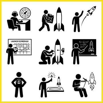 Rocket Launch Sequence and Space Exploration Icons Set. Illustration