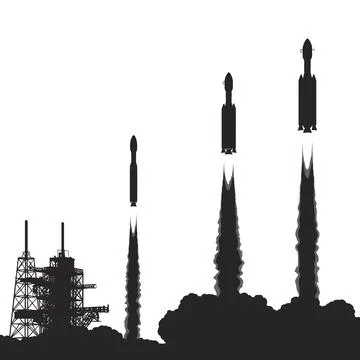 Rocket Launch Sequence with Launchpad and Smoke space Stock Illustration