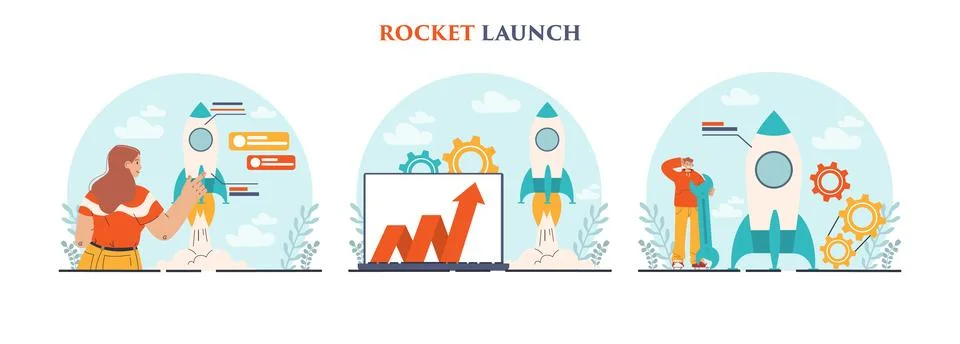 Rocket launch set. Business start up or successful project progress. 스톡 일러스트