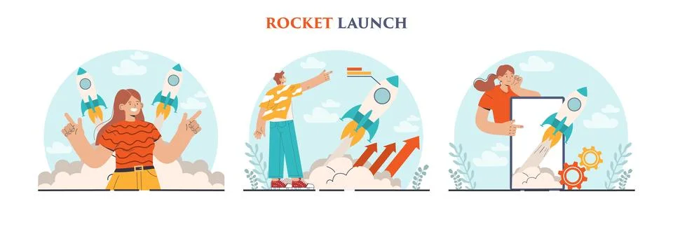 Rocket launch set. Business start up or successful project progress. Illustrazione stock