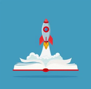 Rocket launch, ship and opened book. Vector illustration. Concept of educatio Stock Illustration