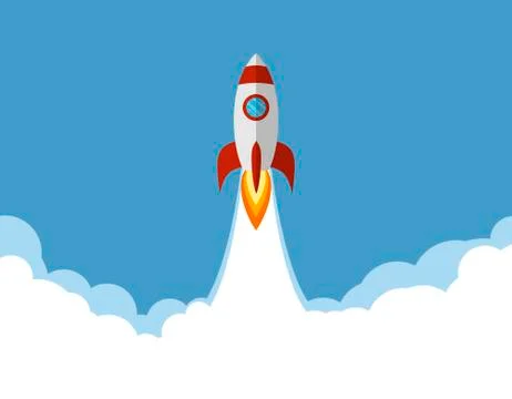 Rocket launch, ship flies into the sky or space. Concept of new business project Stock Illustration