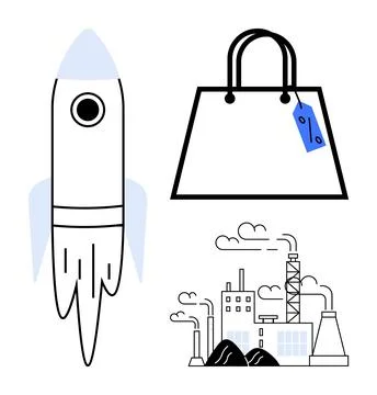 Rocket Launch, Shopping Bag, Industrial Factory - Technological Progress, C.. Stock Illustration