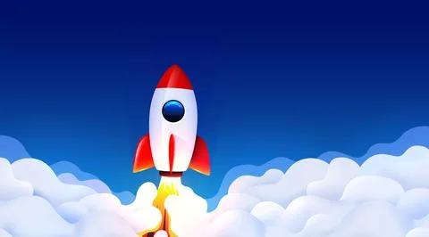 Rocket launch in the sky flying over clouds. Space ship in smoke clouds Ilustração Stock