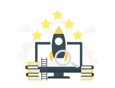 Rocket launch to the sky from the large computer up to the stars. Startup Stock Illustration
