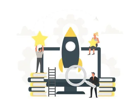 Rocket launch to the sky from the large computer up to the stars with small Stock Illustration