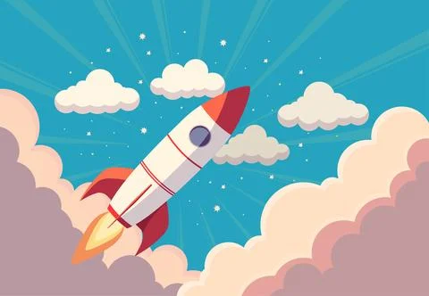 Rocket launch in the sky in smoke clouds vector illustration Stock Illustration