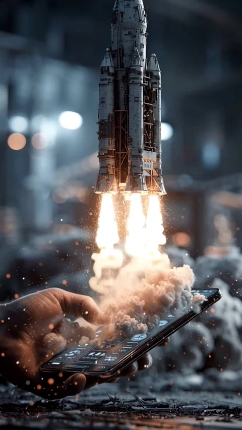 Rocket Launch from Smartphone Interface – Futuristic CGI Animation Stock Footage 312781503
