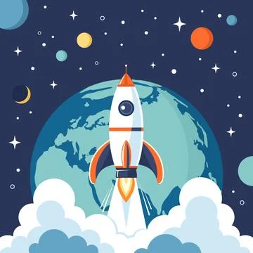 Rocket launch into space with Earth globe on background Stock Illustration