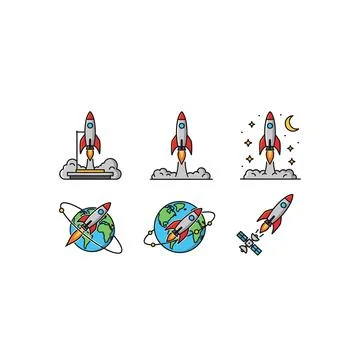 Rocket launch &amp; space exploration icons set: business startup &amp; innovation Stock Illustration