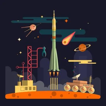Rocket launch on space landscape background. Vector illustration in flat design Stock Illustration