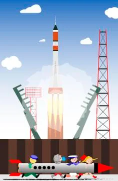 Rocket launch into space from the launch site. Cosmonaut game of children. Ve Illustrazione stock