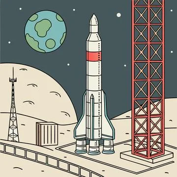 Rocket Launch Space Mission Vector Illustration on Launch Pad Stock Illustration