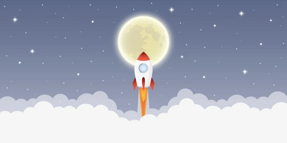 Rocket launch into space to the moon in starry sky Illustrazione stock