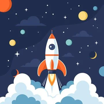 Rocket launch into space with planets and stars in the background Stock-Illustration