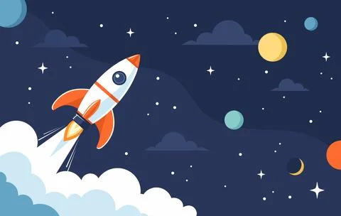 Rocket launch into space with planets and stars in the background Stock Illustration