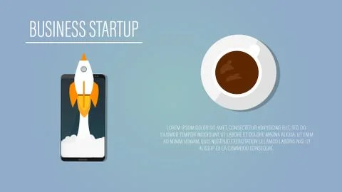 Rocket launch, space ship. vector, illustration with coffe and smartphone. Co Stock Illustration