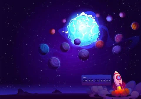 Rocket launch in space. Spaceship on planet vector Stock Illustration
