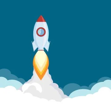 Rocket launch. Spaceship flies in the sky. New business Stock-Illustration