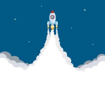 Rocket launch. Spaceship flies in the sky with stars Stock Illustration