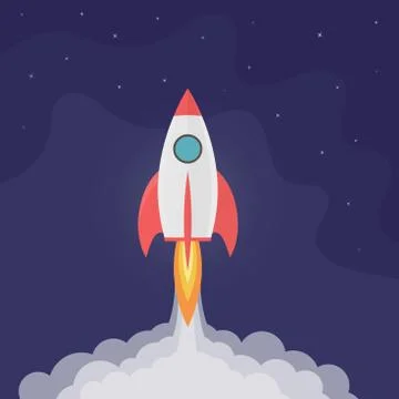 Rocket launch. Spaceship in galaxy. Flat design, business concept. Vector Stock Illustration