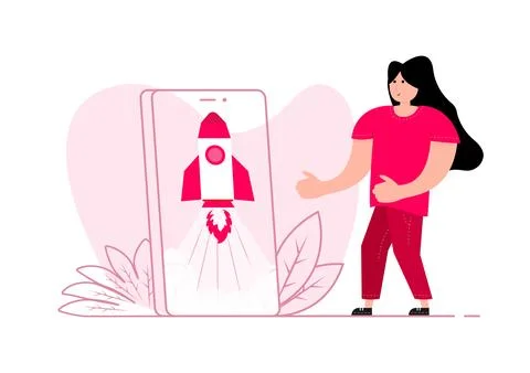 Rocket launch. Spaceship launch. Start up. Super developer. Stockillustratie