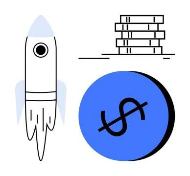 Rocket Launch, Stack of Coins, and Dollar Symbol Circle Abstract Financial .. Stock Illustration