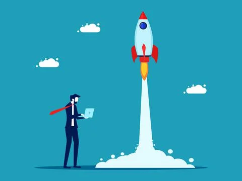 Rocket launch. Start a business. Rockets fly into the sky. business and inves Stock Illustration