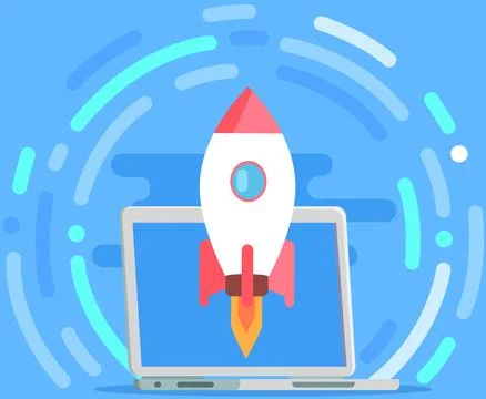 Rocket launch, startup color icon, spaceship flies up. Space travel to moon Illustrazione stock