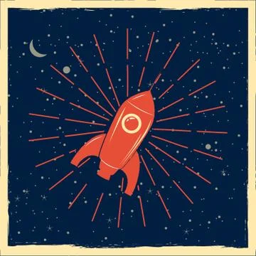 Rocket launch startup rocket retro poster with vintage colors and grunge effect Stock Illustration