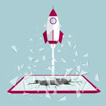 Rocket launch from tablet.Isolated on blue background. Stock Illustration