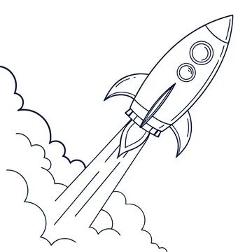 Rocket launch taking off with smoke trails outline cartoon illustration Stock Illustration