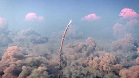 Rocket Launch through the clouds, Starship rocket to the mars. 4k animation Stock Illustration