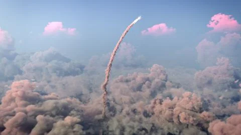 Rocket Launch through the clouds, Starship rocket to the mars. 4k animation Stock Illustration