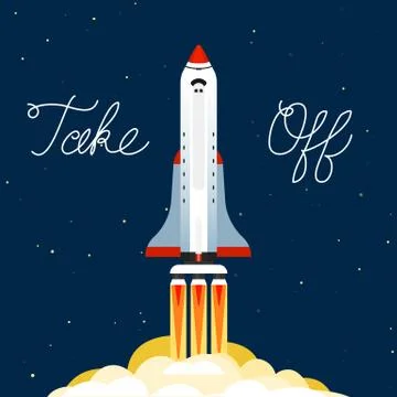 The rocket launched into the sky. Space flight on a missile. Spaceship in the Stock Illustration